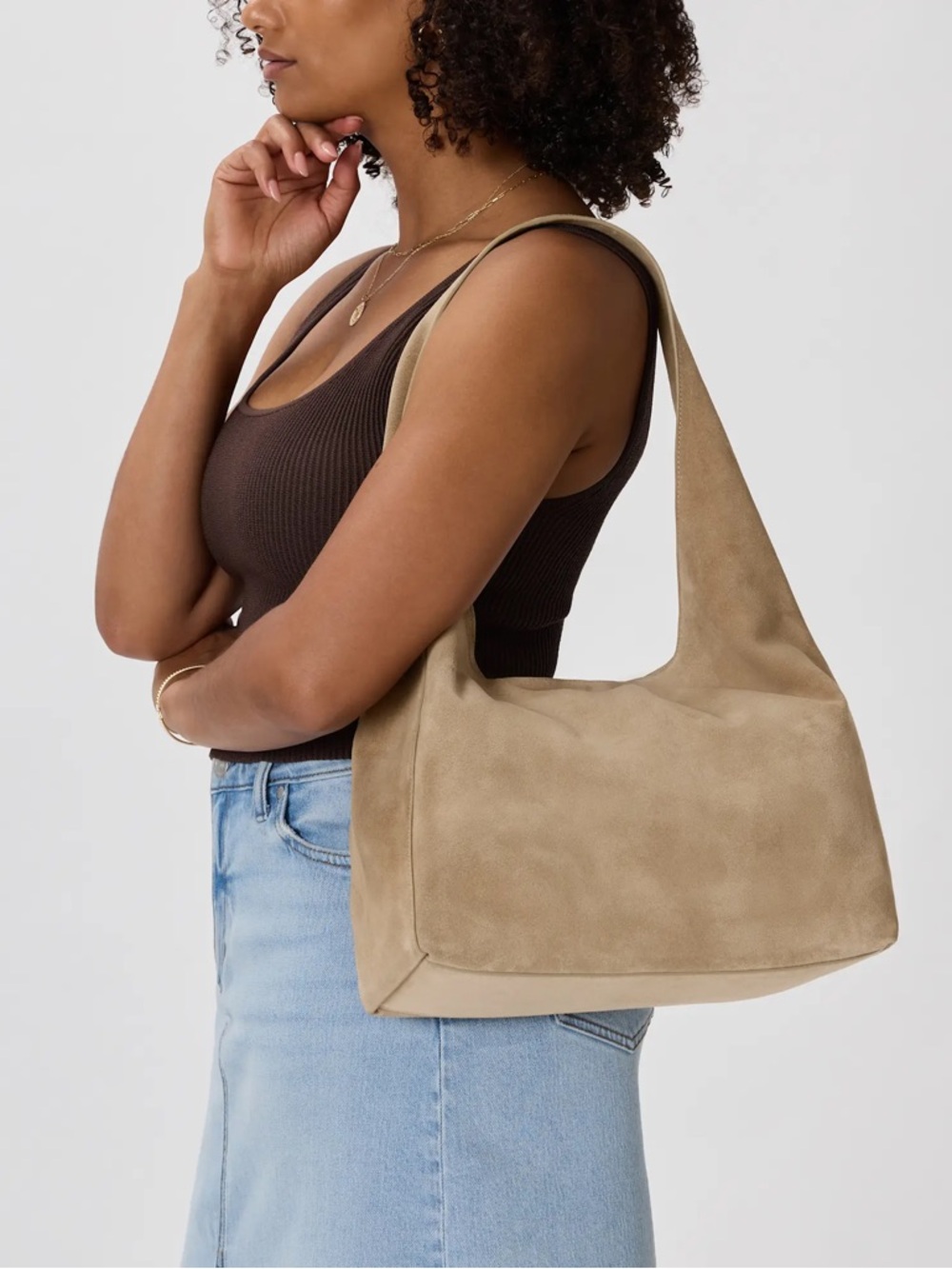 Quince Large Suede Shoulder Bag in Beige/Tan - Picture 2 of 10